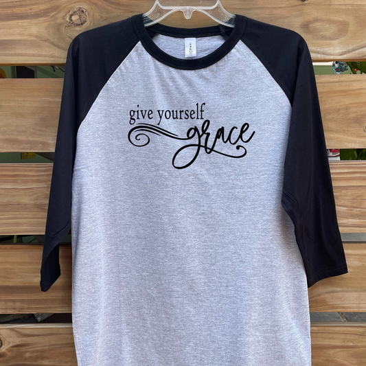 Give Yourself Grace Raglan Chemo Port Access Shirt Black Sleeves